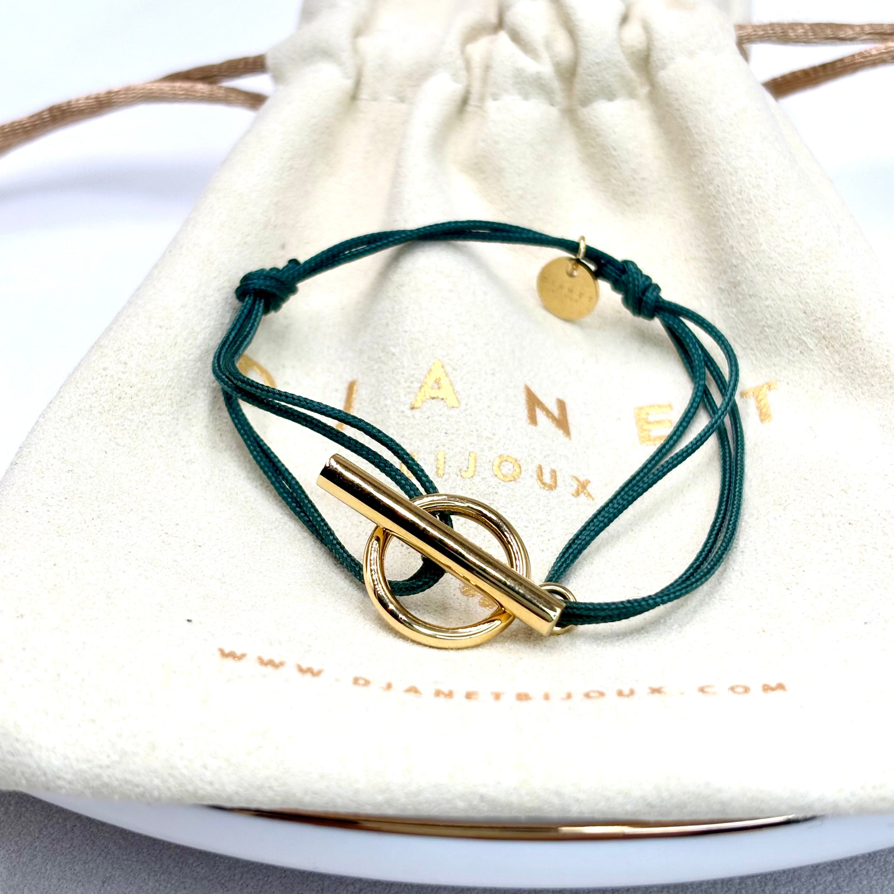 Bracelet cordon vert double nylon tressé et fermoir Toggle en acier inoxydable 316L dore 14K