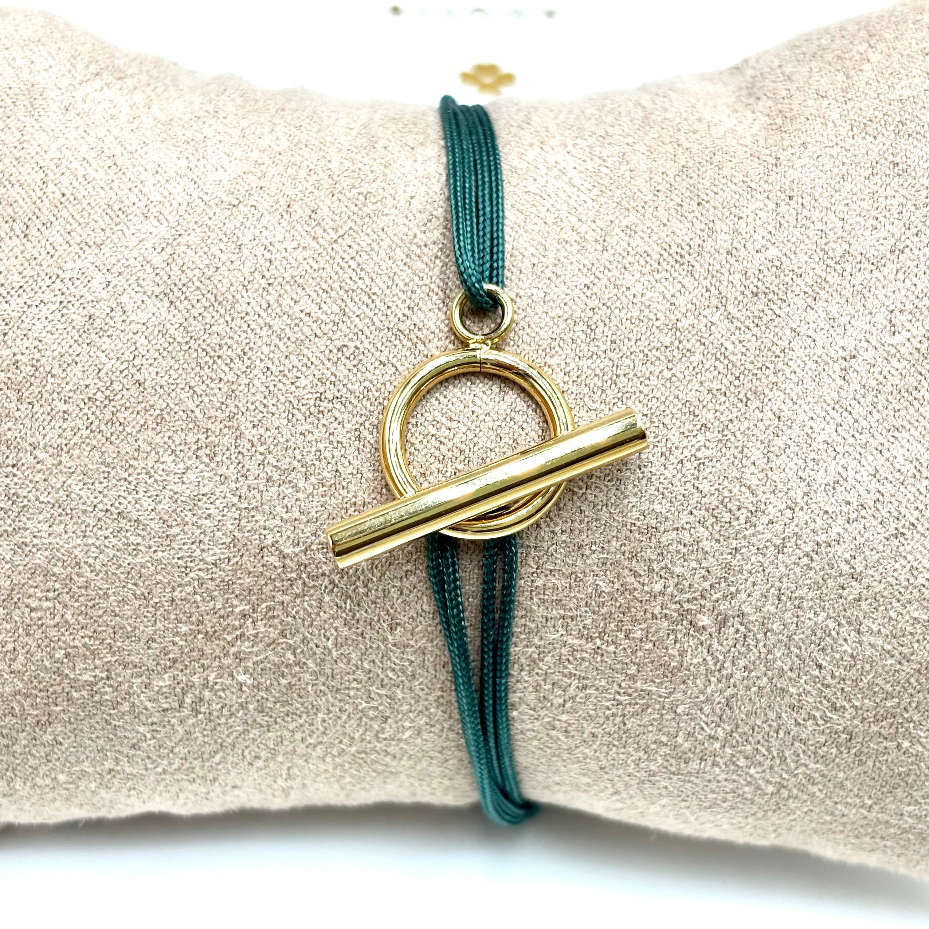 Bracelet cordon vert double et fermoir Toggle en acier inoxydable dore à l'or fin