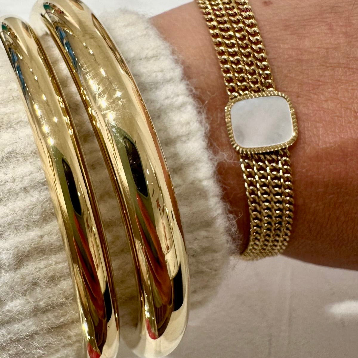 Bracelet Jonc épais et Bracelet chaines avec piece carrée en nacre