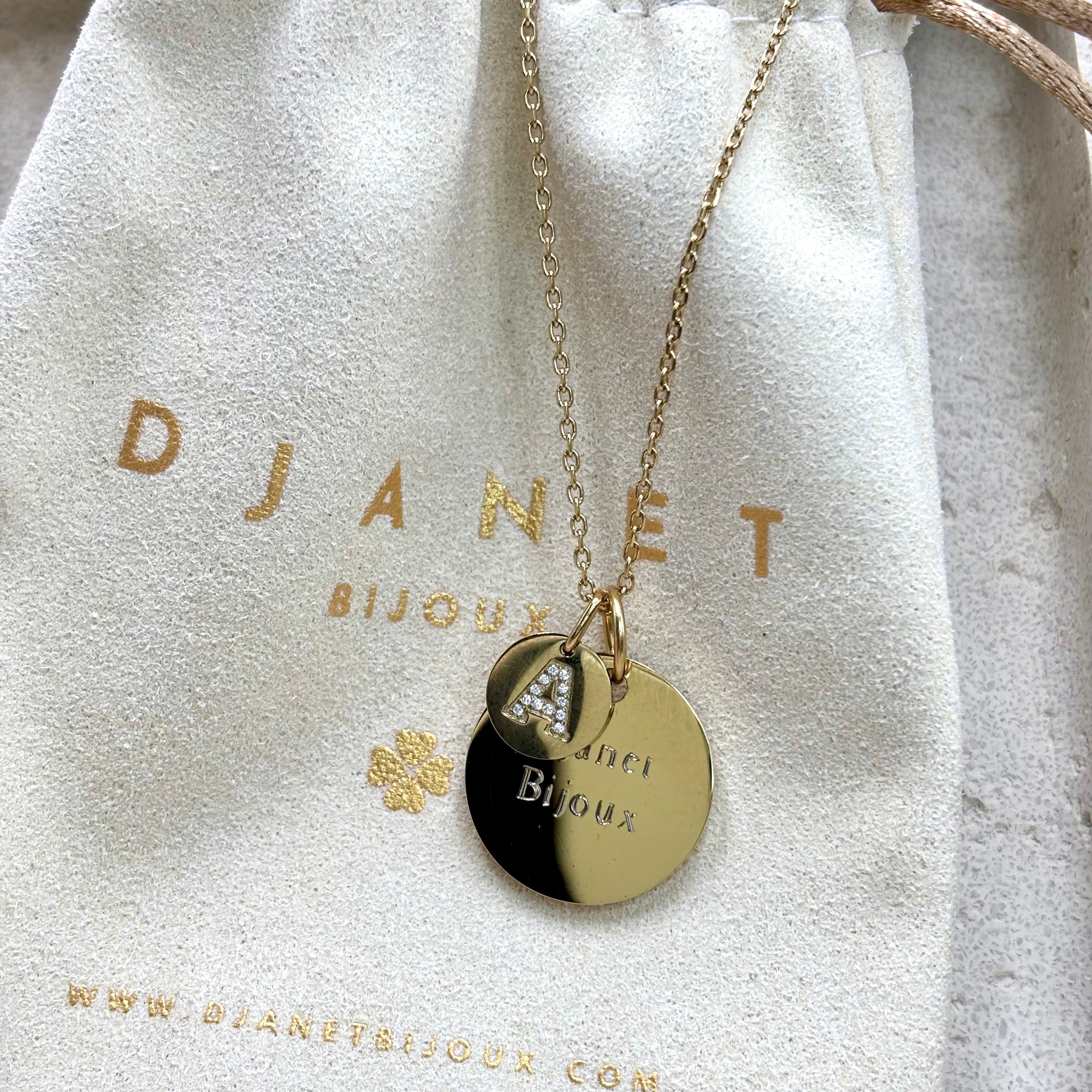 Collier Personnalisé médaille à graver en acier inoxydable doré à l'or fin 14K et charm avec lettre zirconium gravée