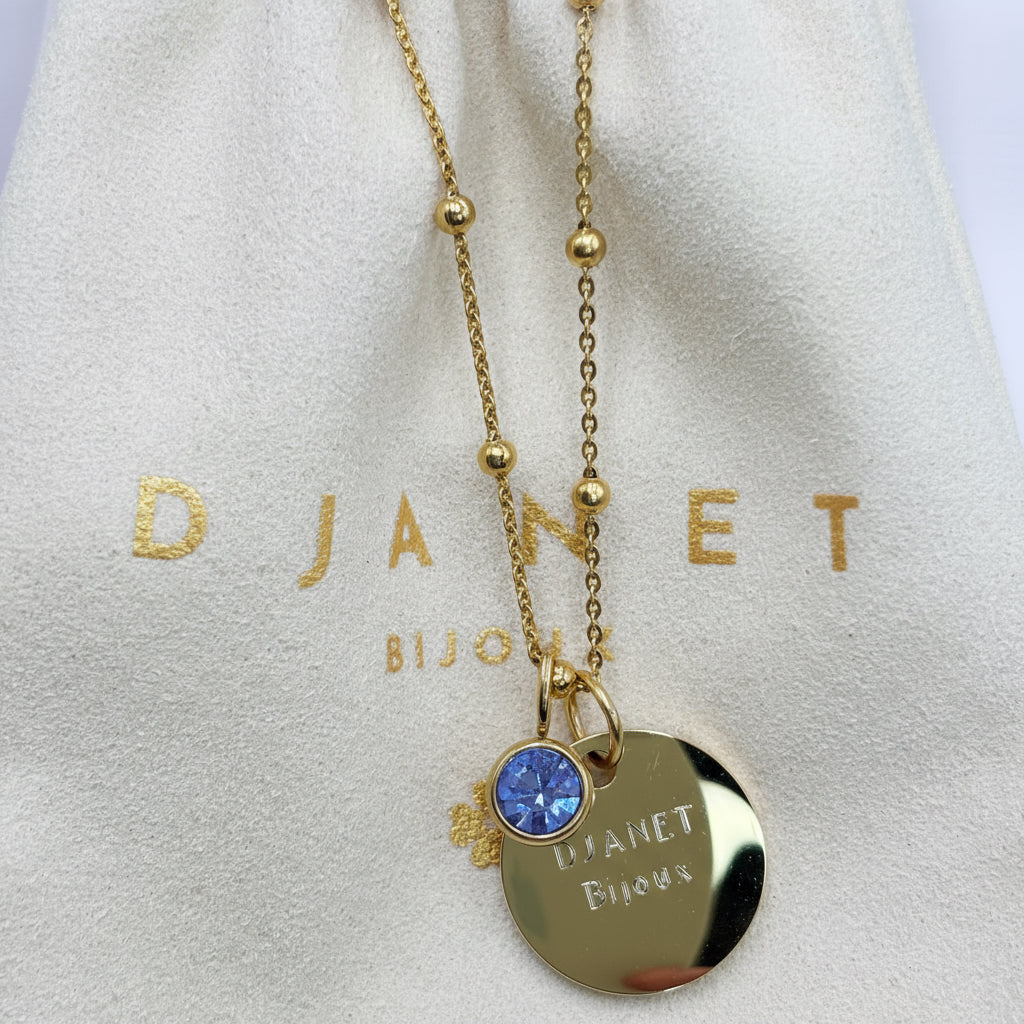 Collier chaine boules médaille gravée en acier doré Djanet Bijoux et pierre de naissance 