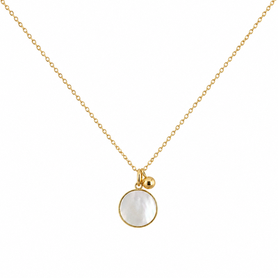 Collier médaille nacre sertie et breloque bille dorée en acier inoxydable