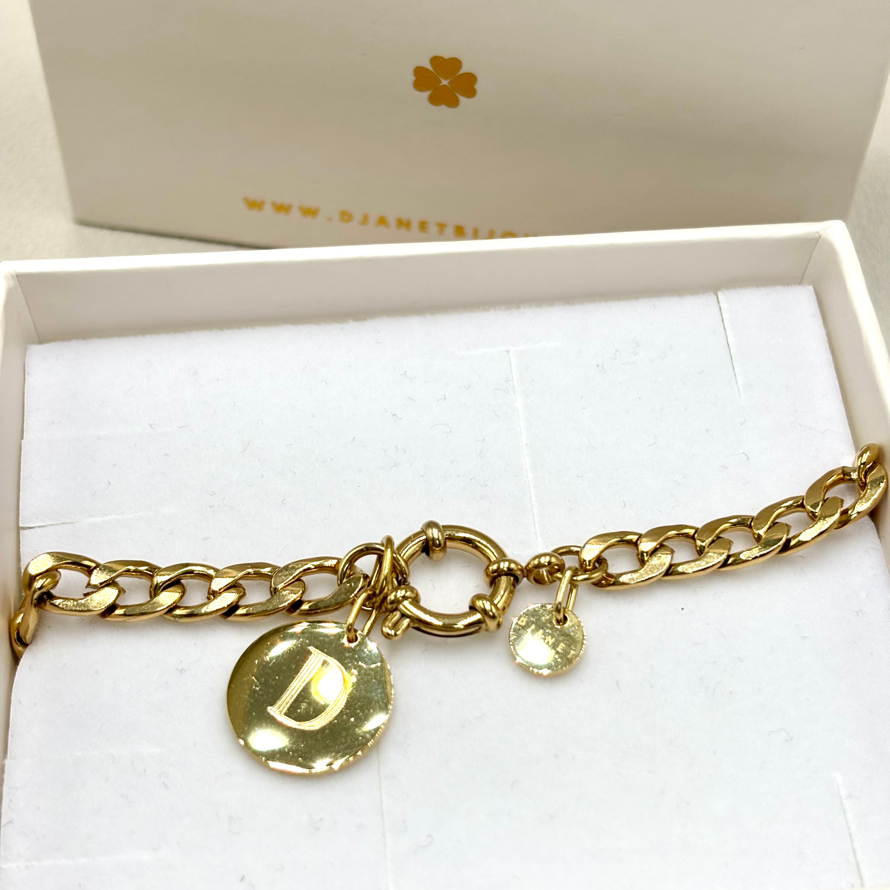 Gourmette en acier inoxydable doré à l'or fin 14K et fermoir bouée avec pendentif lettre gravée