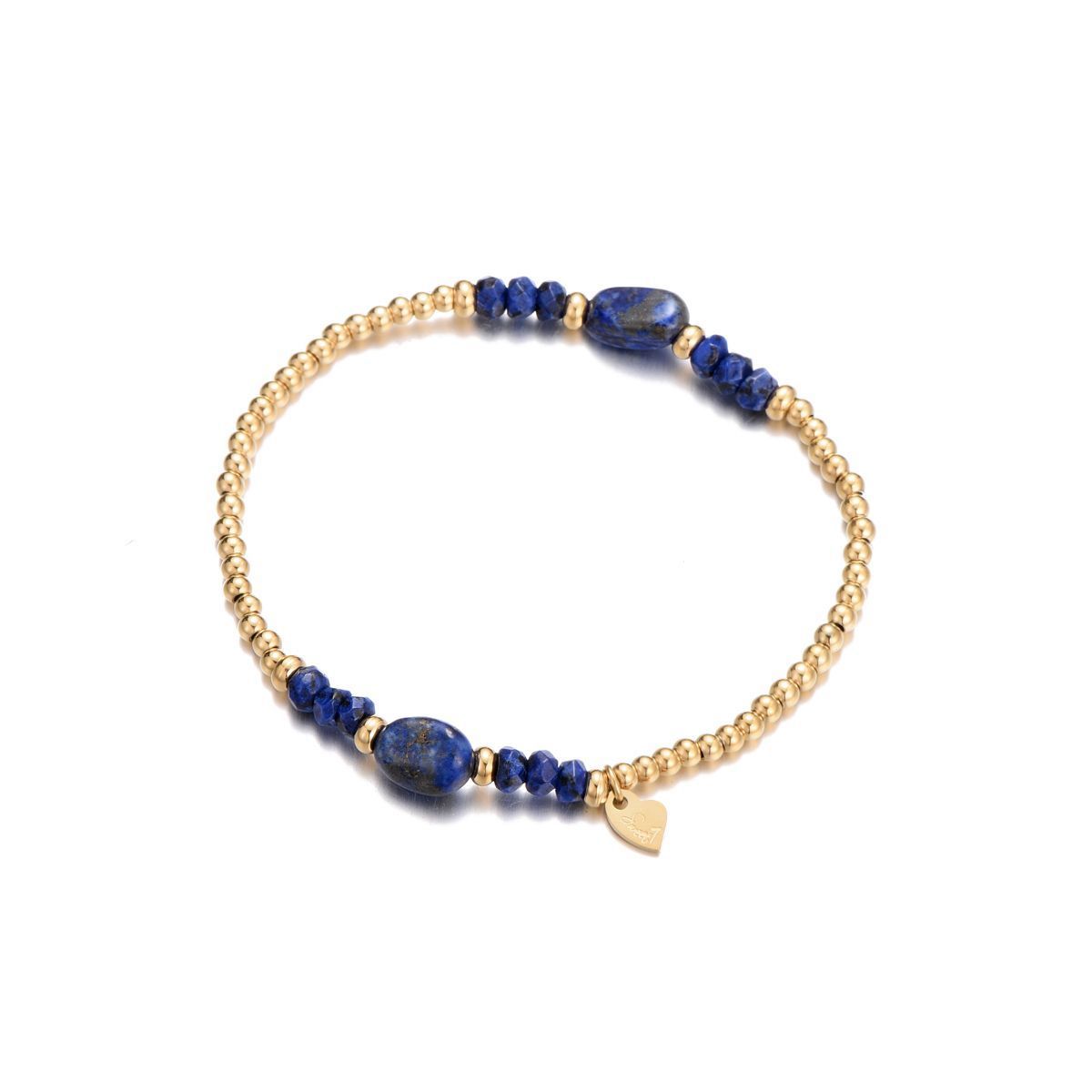 Bracelet billes en acier inoxydable doré à l'or fin et orné de pierres naturelles Lapis Lazuli 