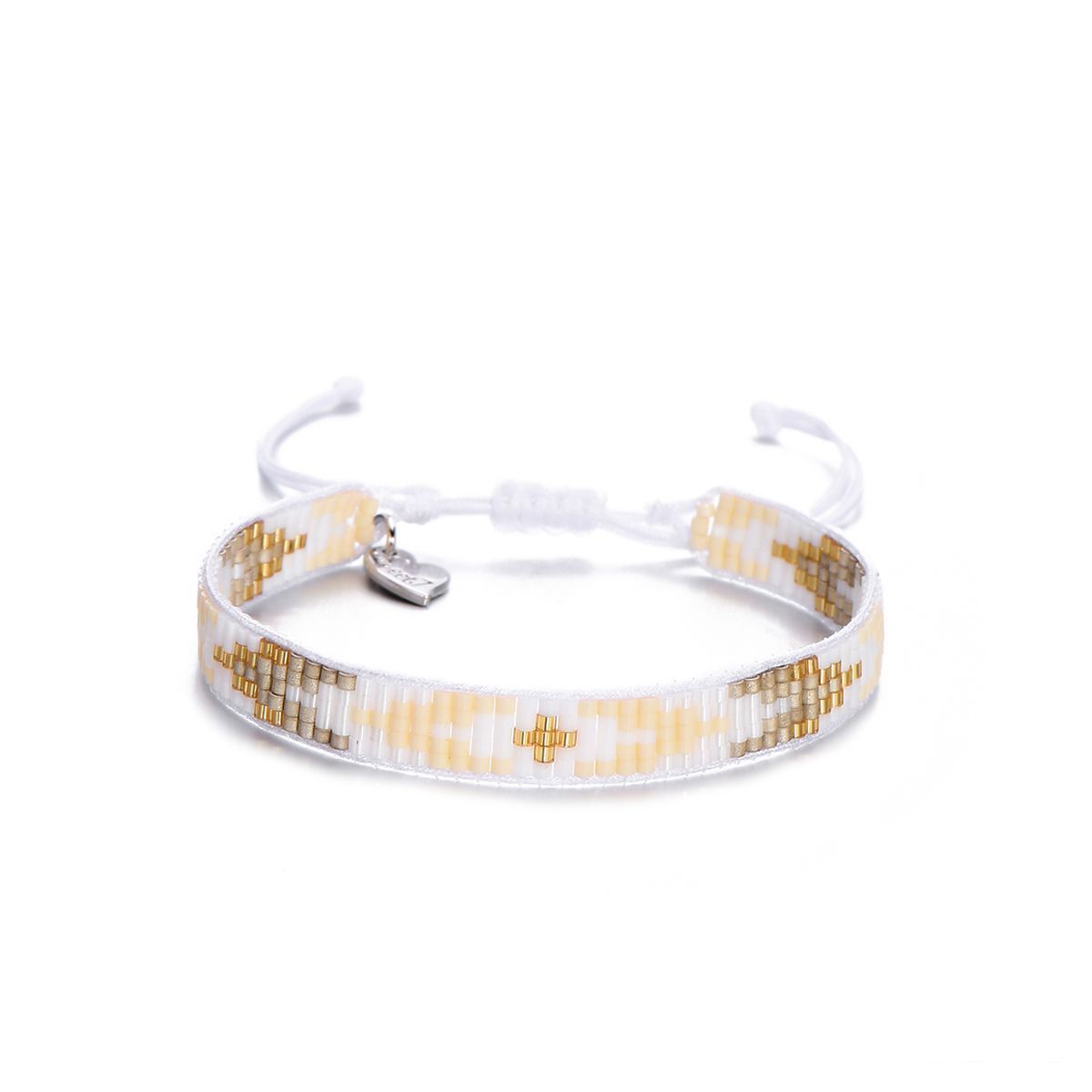 Bracelet tissage de perles de verre sur 5 rangées et cordon blanc doré beige