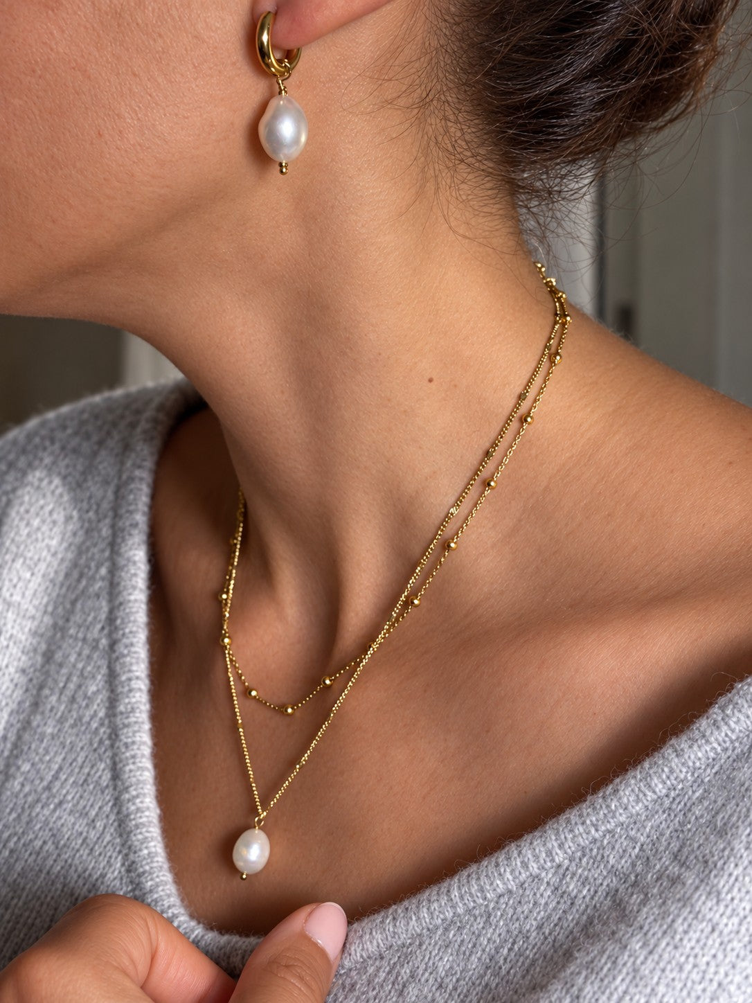 collier et boucles d'oreilles en acier inoxydable doré avec perle d'eau douce